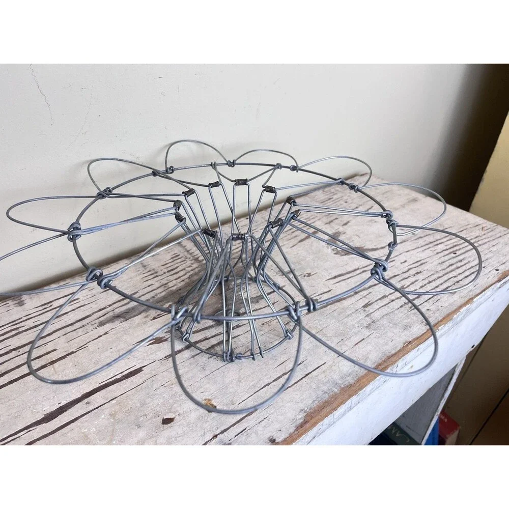 Vintage French Pedestal Folding Wire Egg Basket / Serving Stand Rustic Cottage